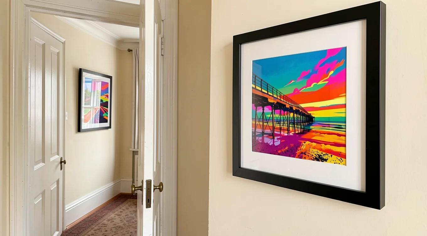 Saltburn pier pop-art print framed in a hallway