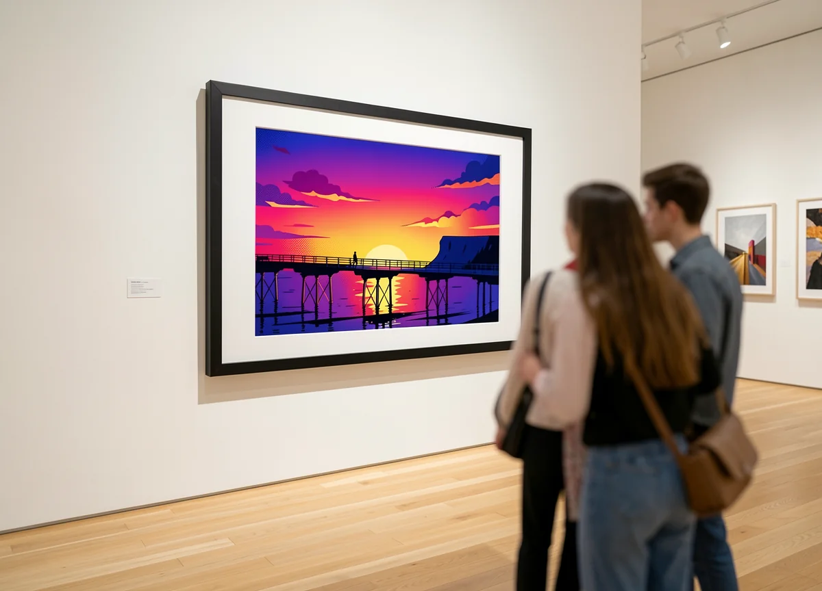 A framed pop-art print of Saltburn pier, exhibited
