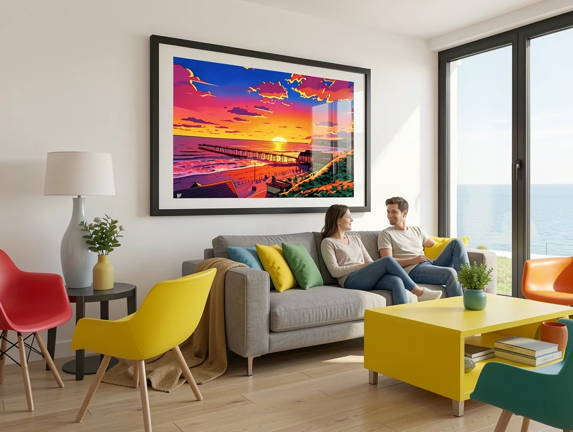 Saltburn seafront pop-art print in a coastal apartment
